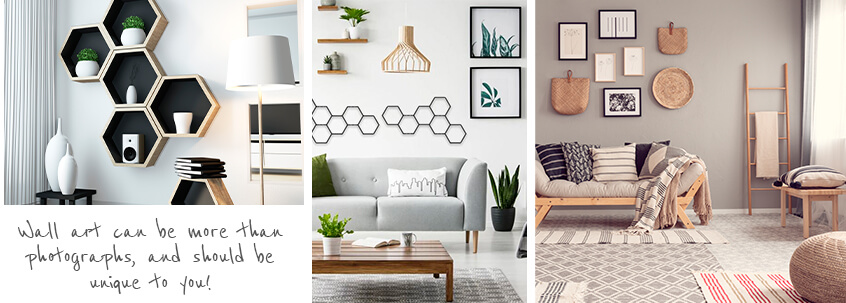 Three mages showing three different rooms with different wall art ideas